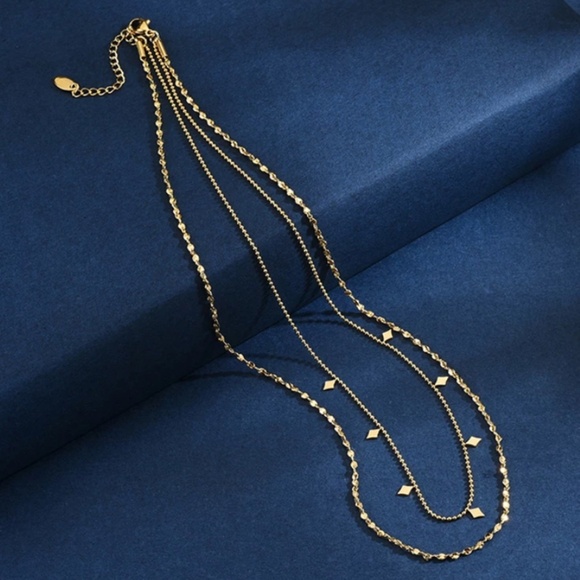 18K Layered Diamond Shaped Tassel & Rope Style Chain Necklace - Picture 4 of 8